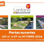 Invitation pour les portes ouvertes de Lantana Paysage les 11, 12 et 14 octobre 2024, de 10h à 18h dans les agences Lantana Ecosylva et Lantana Bellerive. L'image présente trois sections : 'Allée', 'Jardin' et 'Terrasse', avec des images illustrant chaque catégorie d'aménagement extérieur.